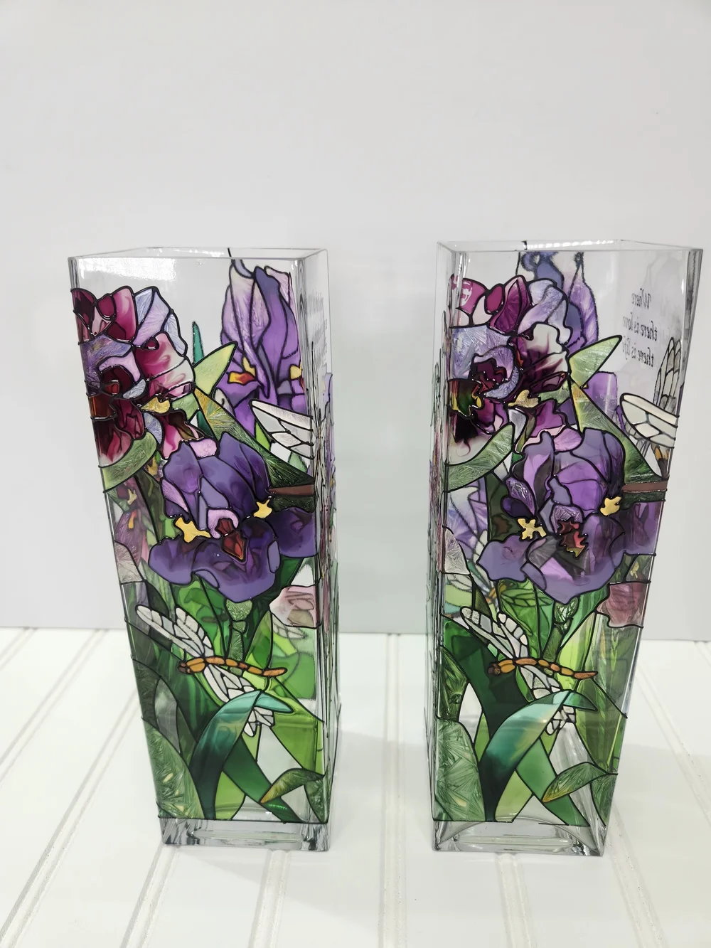 Vintage Joan Baker Designs Set of 2 Hand-Painted Stained Glass Vases